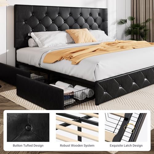 Allewie Upholstered Queen Size Platform Bed Frame with 4 Storage Drawers and Headboard, Square Stitched Button Tufted