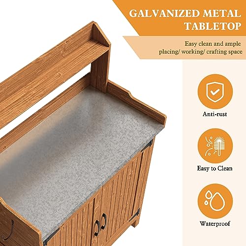 Outdoor Potting Bench with Storage, Wooden Garden Potting Table with Metal Tabletop and Removable Shelf, Potting Work Bench Station for Garden, Patio