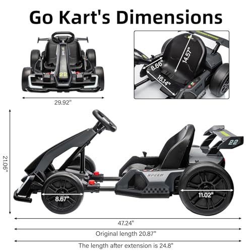 24V Electric Go Kart for Kids，Powerful Drift Kart with 2 * 150W Motors, Adjustable Seat