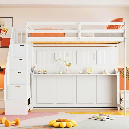Queen Size Murphy Bed Wall Bed with Desk and Closet,Drawers and Shelves,for Small Spaces Studio Study Office Guest Room Use (Gray#Desk, Queen)
