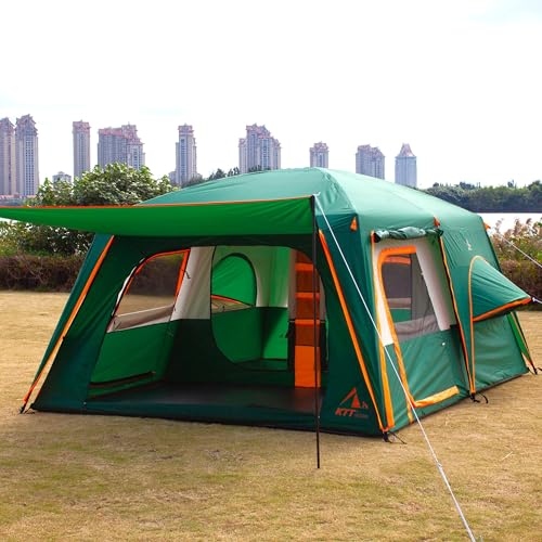 KTT Extra Large Tent 10-12-14 Person(Style-B),Family Cabin Tents,2 Rooms,3 Doors and 3 Windows with Mesh,Straight Wall,Waterproof,Double Layer