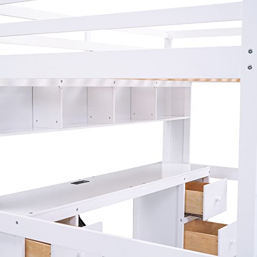 Full Size Loft Bed with L-Shaped Desk, Wardrobe and Storage Shelves, Solid Wood Bedframe w/Safety Guardrails & Ladder for Kids Teens Adults