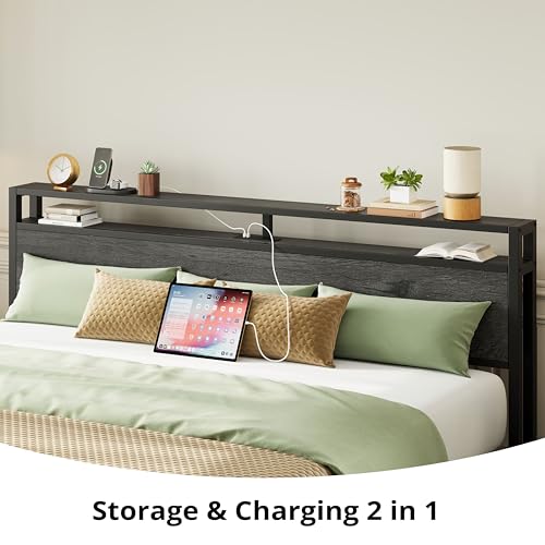 LIKIMIO King Bed Frame with Storage Headboard, Platform Bed with Drawers and Charging Station, No Box Spring Needed, Easy Assembly, Vintage Brown