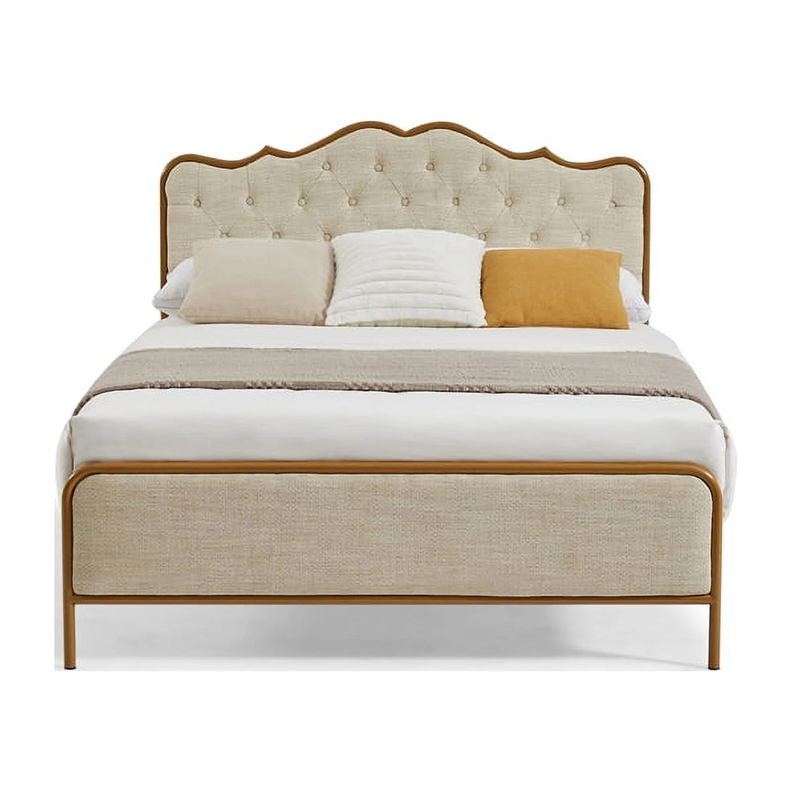 light Camel queen size bed with metal frame solid wood ribs and foam upholstery