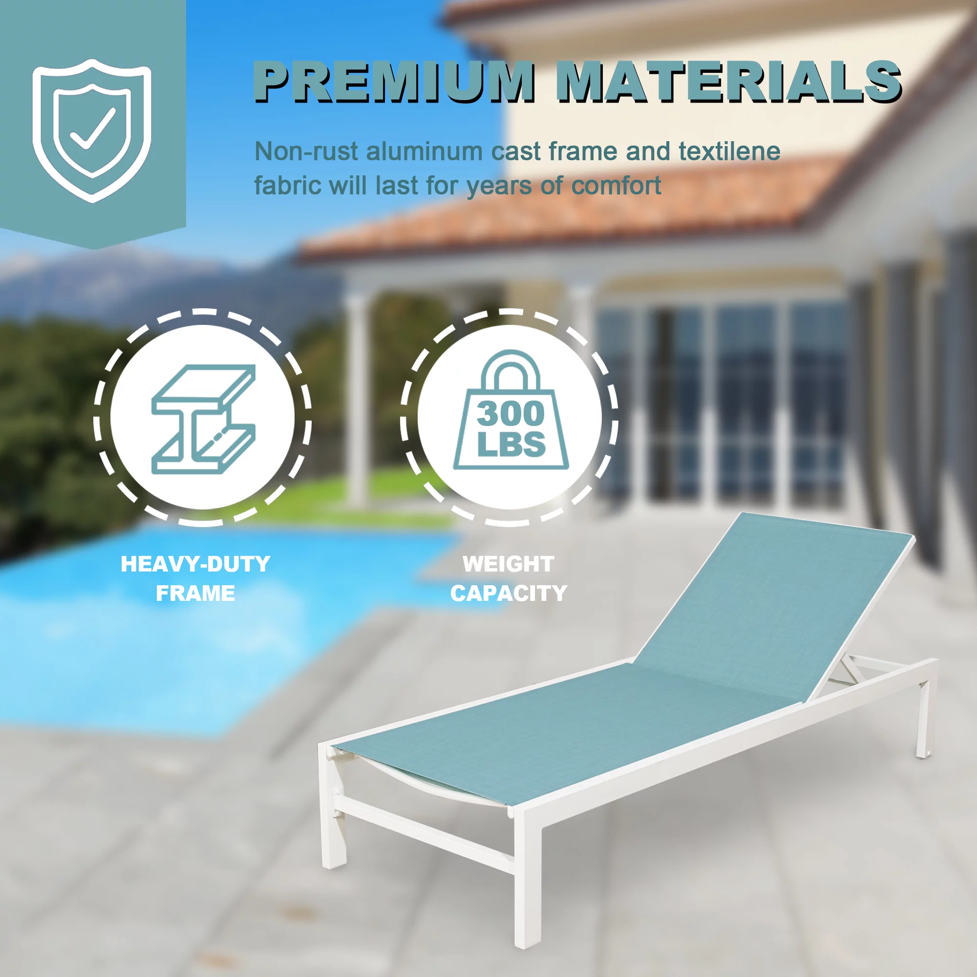 Ulax Furniture 2 Pieces Outdoor Aluminum Chaise Lounge Chairs Patio Sling Sun Recliner with Wheels (Turquoise)