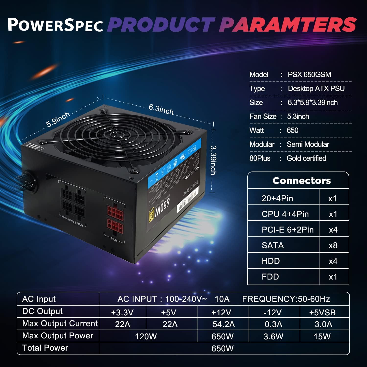 PowerSpec 650W Power Supply 80 Plus Bronze Certified Fixed Cable Non-Modular ATX PSU Active PFC SLI Crossfire Ready Gaming PC Computer Switching