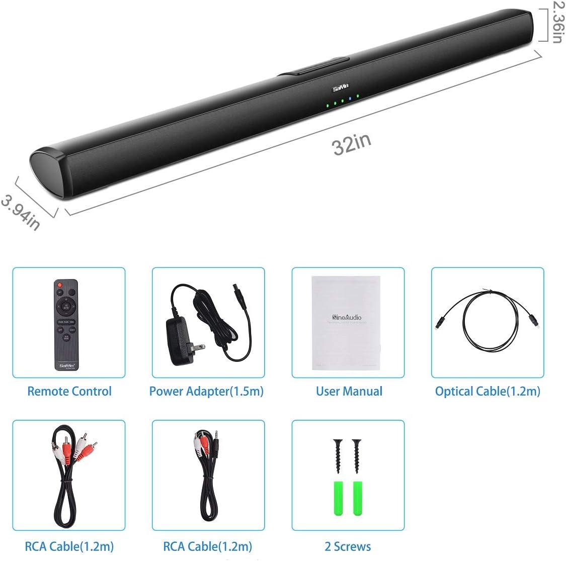 Saiyin Sound Bars for TV with Subwoofer, 100W Soundbar 2.1 CH Surround Sound System, DSP Home Theater Audio, Bluetooth 5.0/Optical/RCA Connectivity