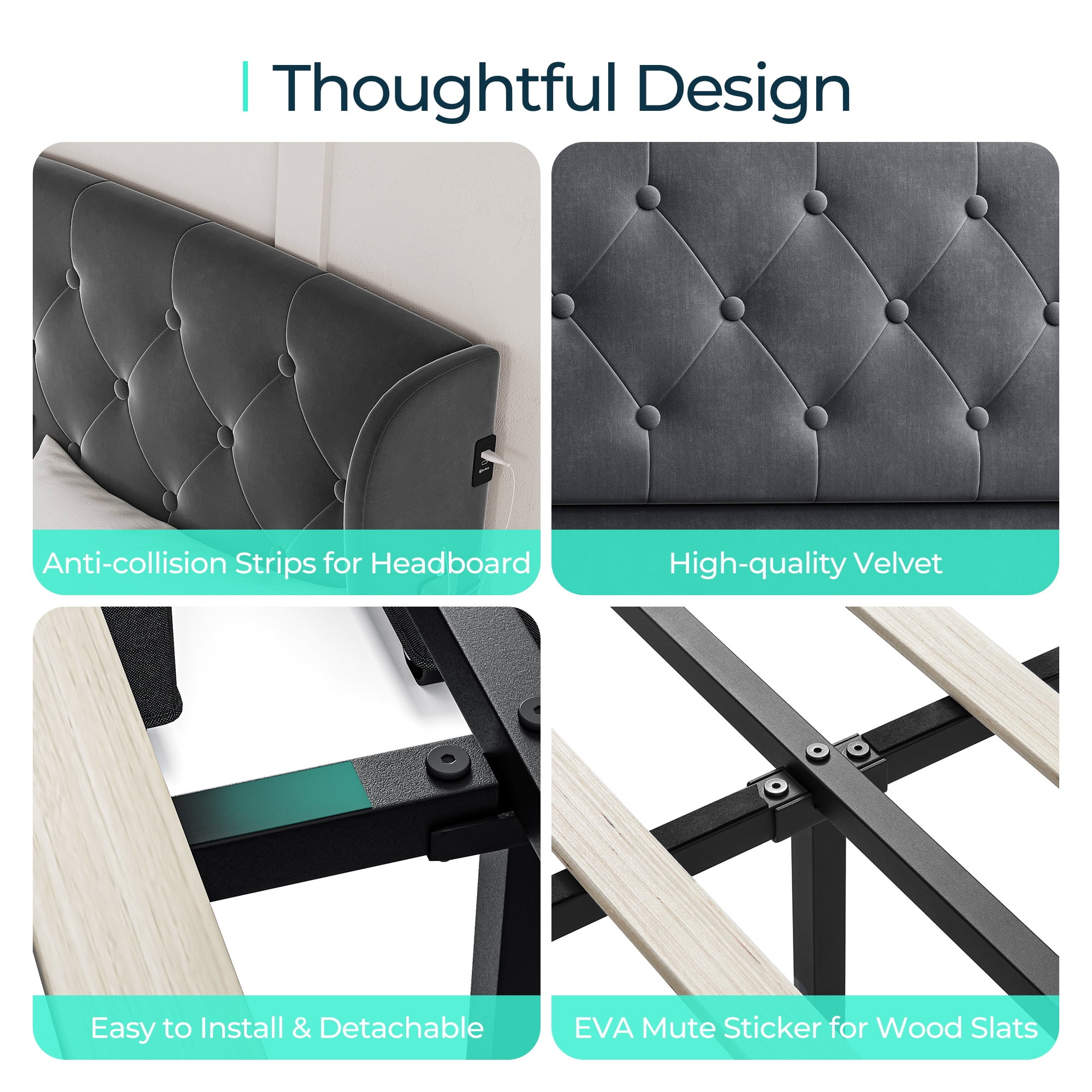 Linsy Home Upholstered Queen Size Platform Bed Frame with Headboard and 4 Storage Drawers, Storage Bed with Remote RGB Lights & Fast Charger