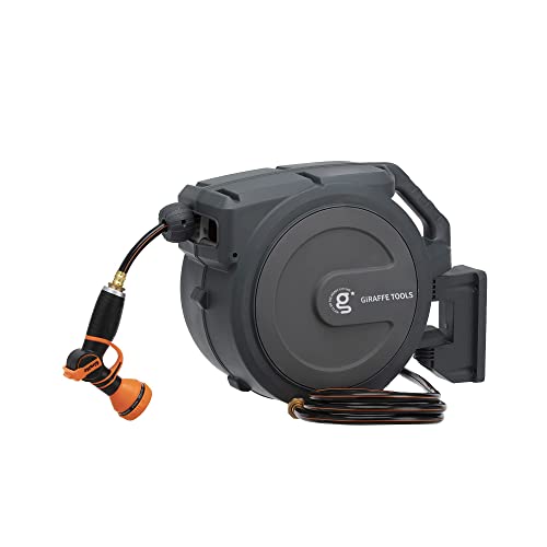 Giraffe Tools AW30 1/2MB Retractable Garden Hose Reel 1/2" x 100 ft PRO Metal Bracket, Heavy Duty, Any Length Lock Hose Reel, 100 ft, Dark Grey