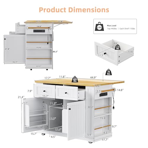Kitchen Island with Drop Leaf & Power Outlet, Rolling Kitchen Islands Cart with 5 Open Storage Shelves & Towel Rack