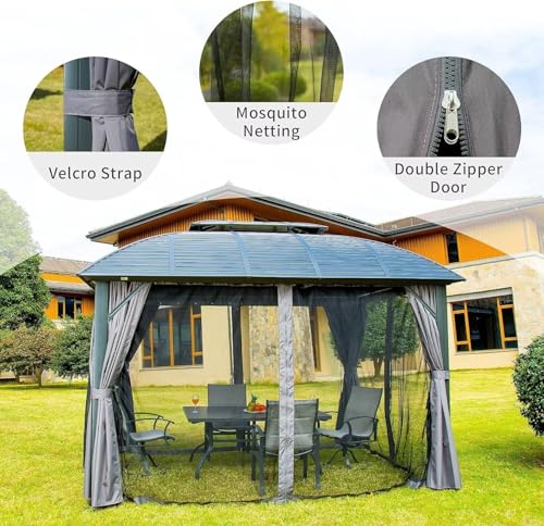 Domi 10’ x 10’ Hardtop Gazebo Metal Frame Canopy with Netting & Curtains