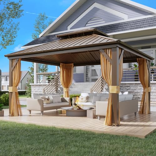 YOLENY 10' x 12' Hardtop Gazebo, Metal Gazebo with Aluminum Frame, Double Galvanized Steel Roof, Curtains and Netting Included
