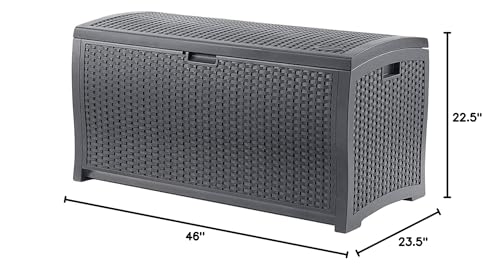 Suncast Outdoor Storage Box - 73 Gallon Mocha Brown Deck Box for Patio, Waterproof Outdoor Storage Bench, Resin Wicker Style, Heavy-Duty