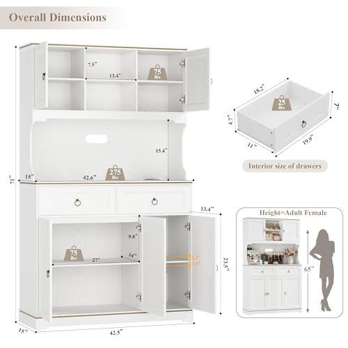 HOSTACK Large Kitchen Pantry Cabinet with Charging Station, 71" Kitchen Hutch Cabinet with Storage Drawers and Countertop