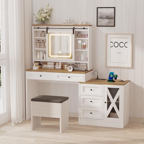 Farmhouse Vanity Desk with Sliding Lighted Mirror & Stool, Vanity Dresser Combo, Large Makeup Vanity with 8 Storage Shelves, 5 Drawers