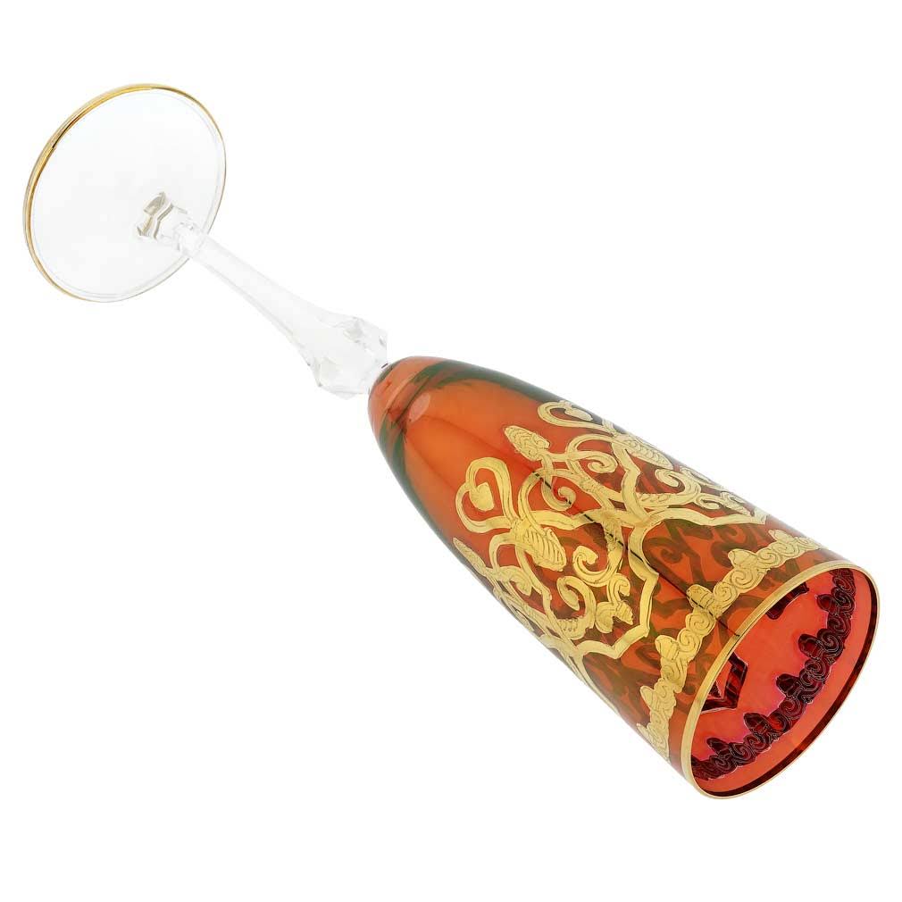 Set of Two Murano Glass Champagne Flutes 24K Gold Leaf - Red