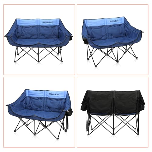 REALEAD Heated Double Camping Chair, 3 Heat Levels and 4 Heating Zones, Portable Heated Loveseat Chair for Outdoor Sports Support 650lbs