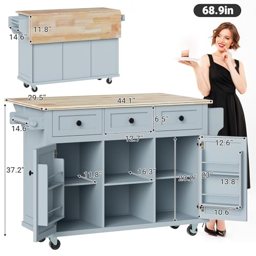 Rovibek Kitchen Island with Drawers 53 in Rolling Island Cart Mobile Solid Wood Portable Islands on Wheels with Storage Cabinet & Drawers, White