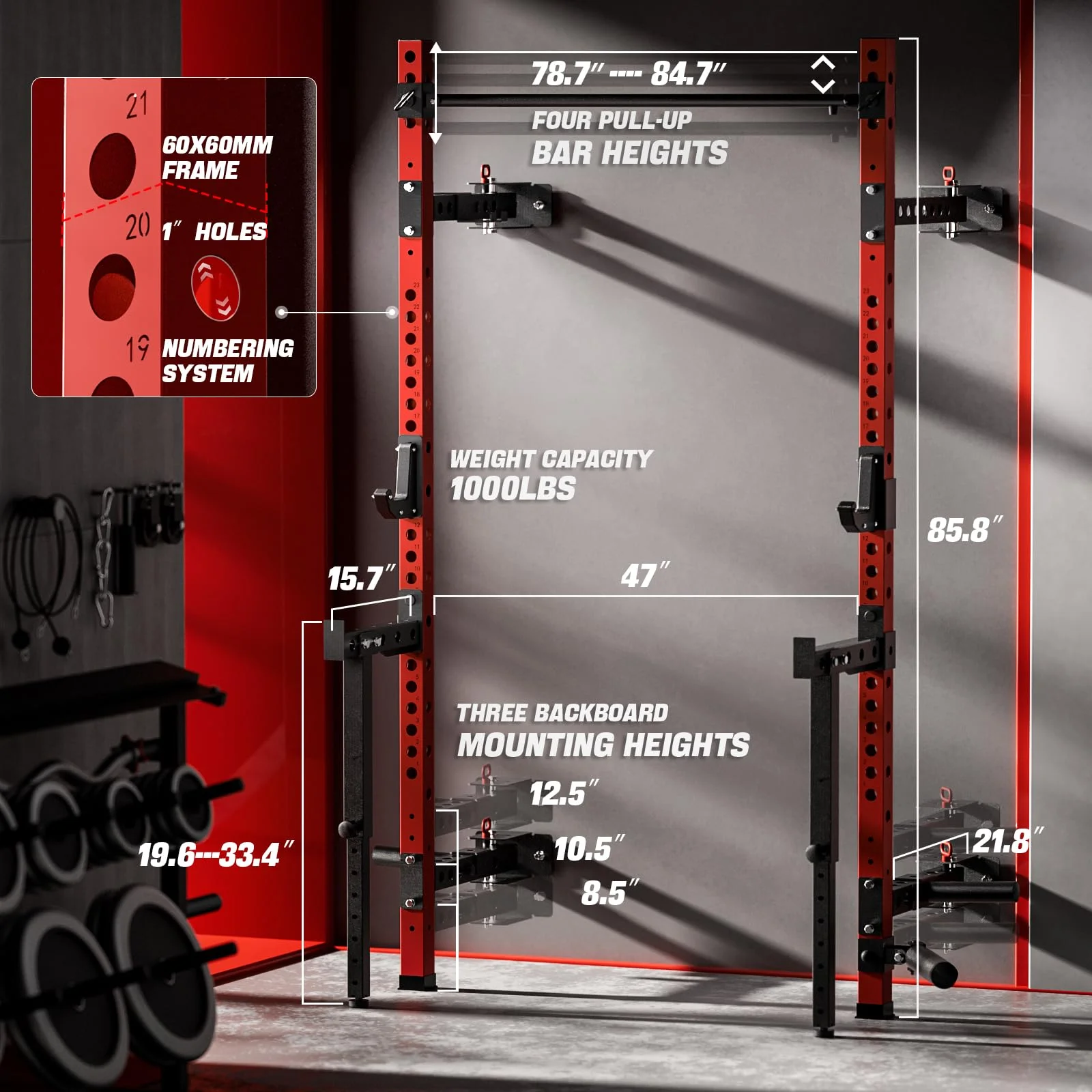 Eisenlink Foldable Power Cage, 1000LBS Capacity Wall Mounted Squat Rack with Quick Remove Pull-Up Bar, J-Hooks, Landmine