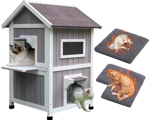 Rockever Outdoor Cat House, Large Outdoor Houses for Feral Cats Wooden Outside Cat Shelter Weatherproof with Escape Door