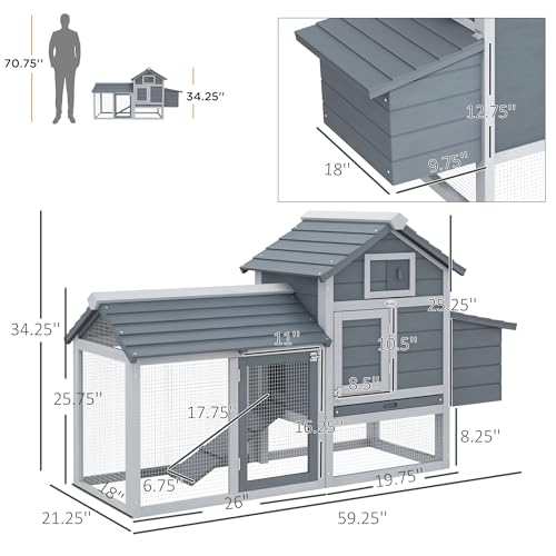PawHut 59" Small Wooden Chicken coop Hen House Poultry Cage for Outdoor Backyard with 2 Doors, Nesting Box and Removable Tray, Gray