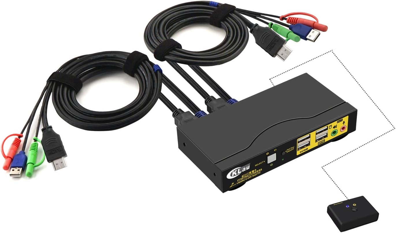 CKLau 4 Port KVM HDMI Switch with Audio, Microphone, 2 USB 2.0 Hub and Cables Support Wireles Keyboard Mouse Resolution Up to 4Kx2K@60Hz 4:4:4
