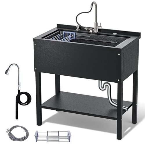 Stainless Steel Utility Sink 36“, Freestanding Laundry Sink with Upgraded Pull Out Faucet, Hose, Drain Kit & Solid Shelf. Utility Sink for Kitchen