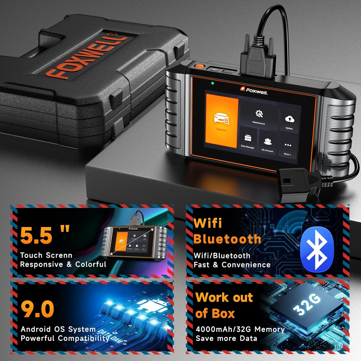 2024 FOXWELL NT716 OBD2 Scanner 9+ Resets Auto Scan Tool ABS SRS Transmission Engine Diagnostic Code Reader Free Update Injector Coding/D-P-F/BMS/ABS