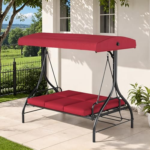 TLSUNNY 3-Seat Outdoor Patio Porch Swing with Adjustable Canopy & Backrest, Convertible Glider Bed with Stand, Removable Seat Cushion