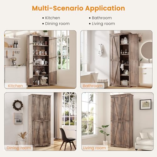 72" Tall Farmhouse Kitchen Pantry Cabinet, Large Storage Cabinet with 6 Adjustable Shelves, 4 Barn Doors & Drawer for Bathroom, Dining Room, Brown