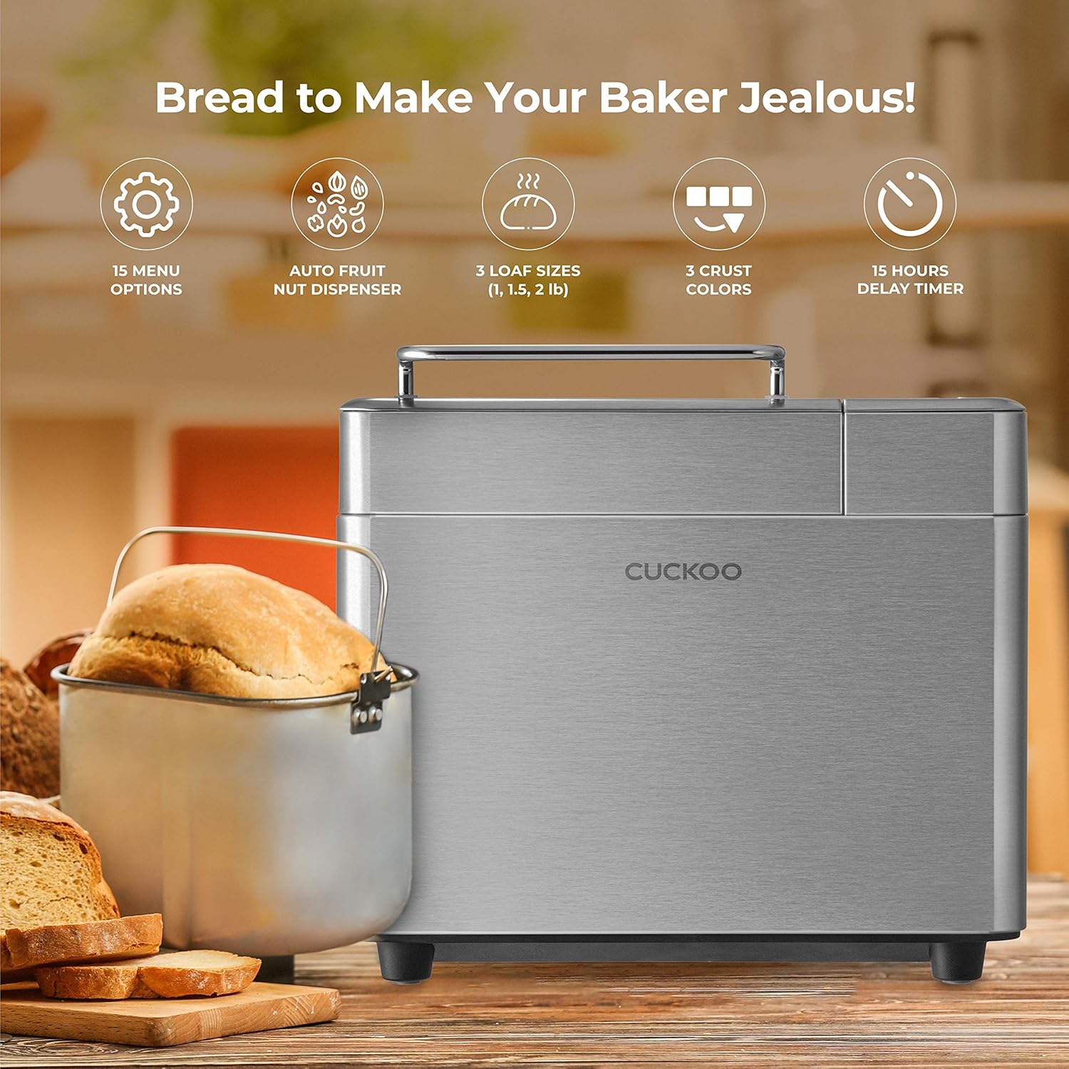 CUCKOO CBM-AAB101S | Multi-Functional Bread Maker | 1 lb, 1.5 lb, & 2 lb. Loaf Options, Crust Color Customization, Auto Fruit & Nut Dispenser