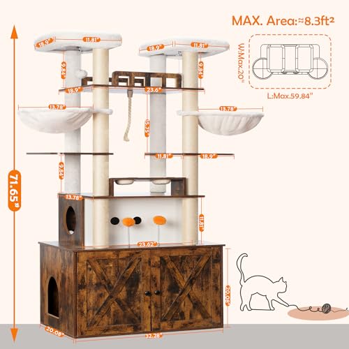 Heybly Cat Tree for Maine Coon with Litter Box Enclosure, 72-inch Wooden Cat Tower for Indoor Cats Large Adult, Big Condo with Food Station, Baskets