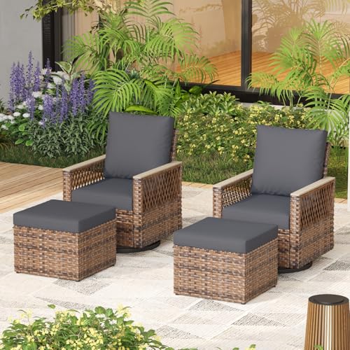 MELLCOM 4 Pieces Patio Furniture Set, Outdoor Wicker Chairs with Ottomans