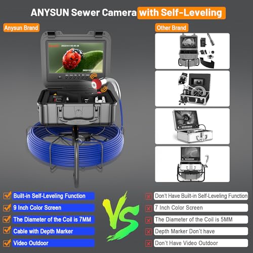 Self-Leveling Sewer Camera 100FT, Anysun 9" HD Screen Pipe Borescope Drain Inspection with 12pcs LED Light, DVR Recorder with 32GB Card