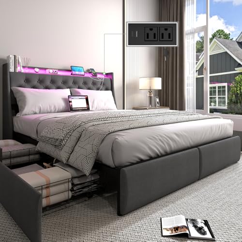 Queen Bed Frame with 2 Storage Drawers, Platform Bed Frame Queen Size with LED Light, Upholstered Headboard, Charging Station, Steel Slat Support