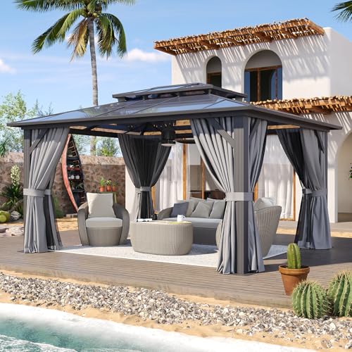 Aoxun 12'x10' Hardtop Gazebo, Aluminum Frame Permanent Pavilion with Curtains and Netting, Outdoor Polycarbonate Double Roof Canopy