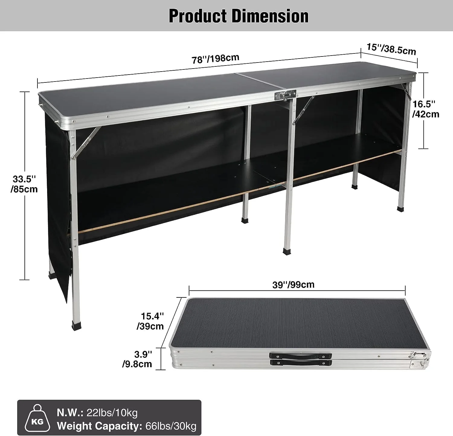 REDCAMP Extra Long Portable Bar Table with Storage Shelf, Pop-up Foldable Party Bar for Indoor Outdoor, Black