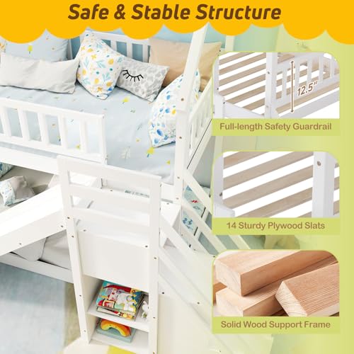 Giantex House Bunk Bed Twin Over Twin with Slide & Stairs, Wood Bunk Bed with Storage Shelves, No Box Spring Needed