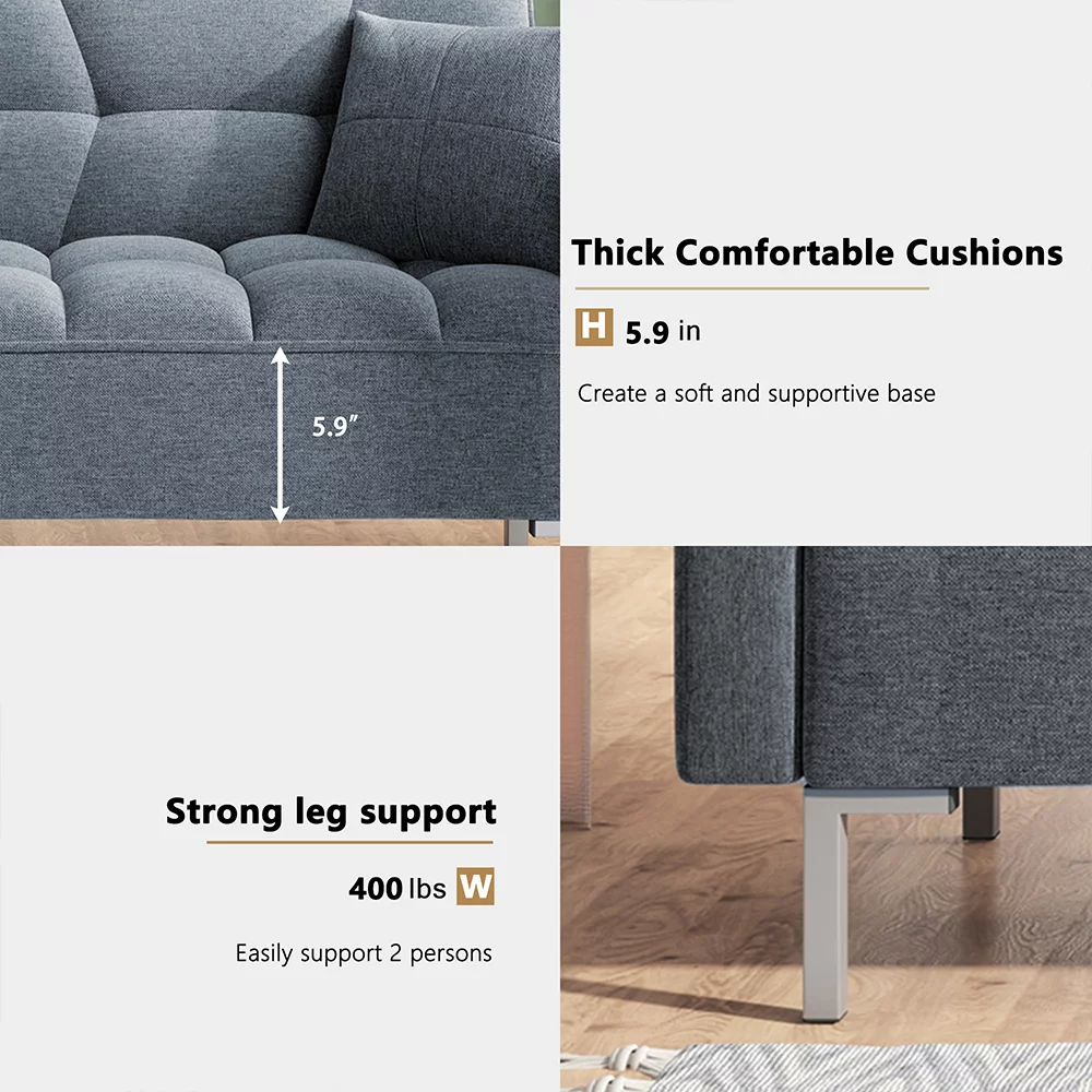 Gray Futon Sofa Bed, Convertible Folding Sofa Bed, Modern Upholstered Sleeper Sofa Bed with 2 Pillows and Metal Legs