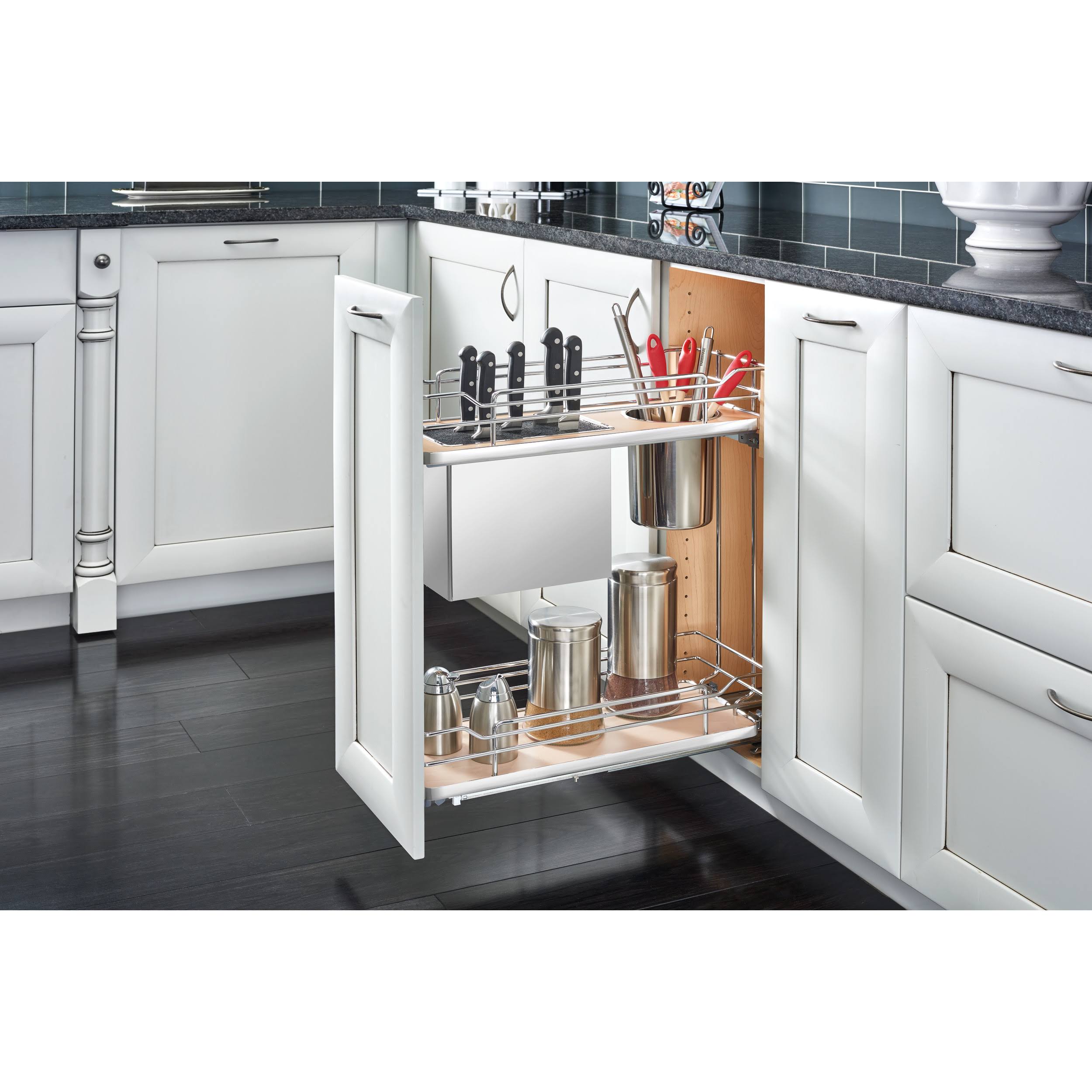 Rev-A-Shelf 2 Tier Base Cabinet Pullout Utensil Organizer with Soft Close, Chrome / Maple, Steel