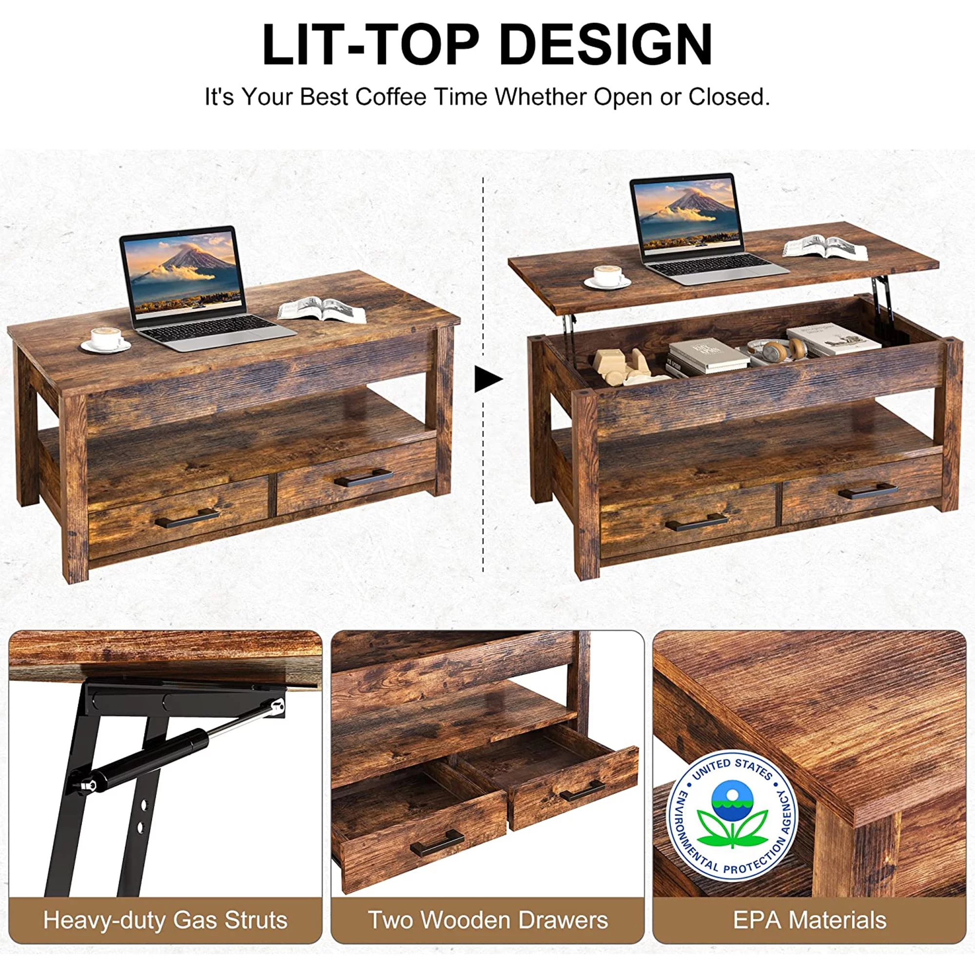 FABATO 23 In Lift Top Rustic Open Storage Coffee Table w/ 2 Drawers, Brown