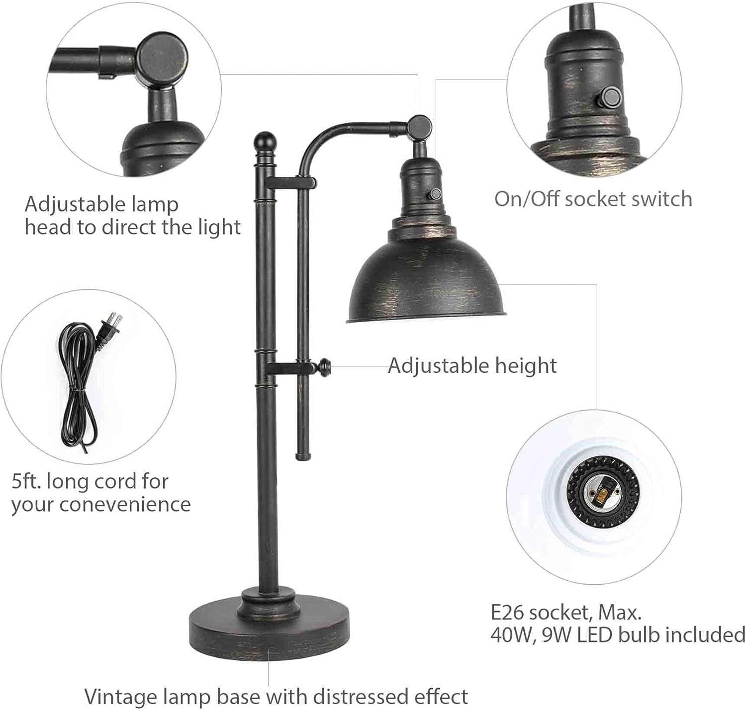 CO-Z Rustic Desk Lamp Black Adjustable, Industrial Style Metal Task Lamp (25''-29''), Vintage Work Lamp, Farmhouse Reading Lamp in Aged Bronze Finish