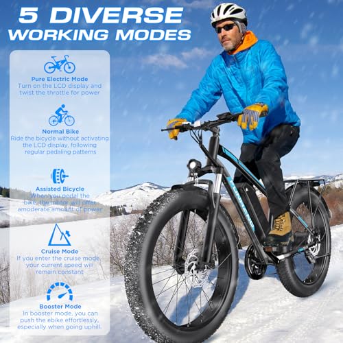 Electric Bike for Adults, 1000W Peak Ebike, 25MPH 60Miles Electric Mountain Bike, 26" Fat Tire Electric Bicycle with 48V 13AH Battery, Rear Rack