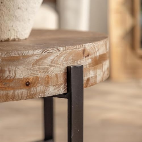 Antique Round Coffee Table Solid Wood Coffee Table, 31.29 inch Farmhouse Coffee Table with Cross Metal Base