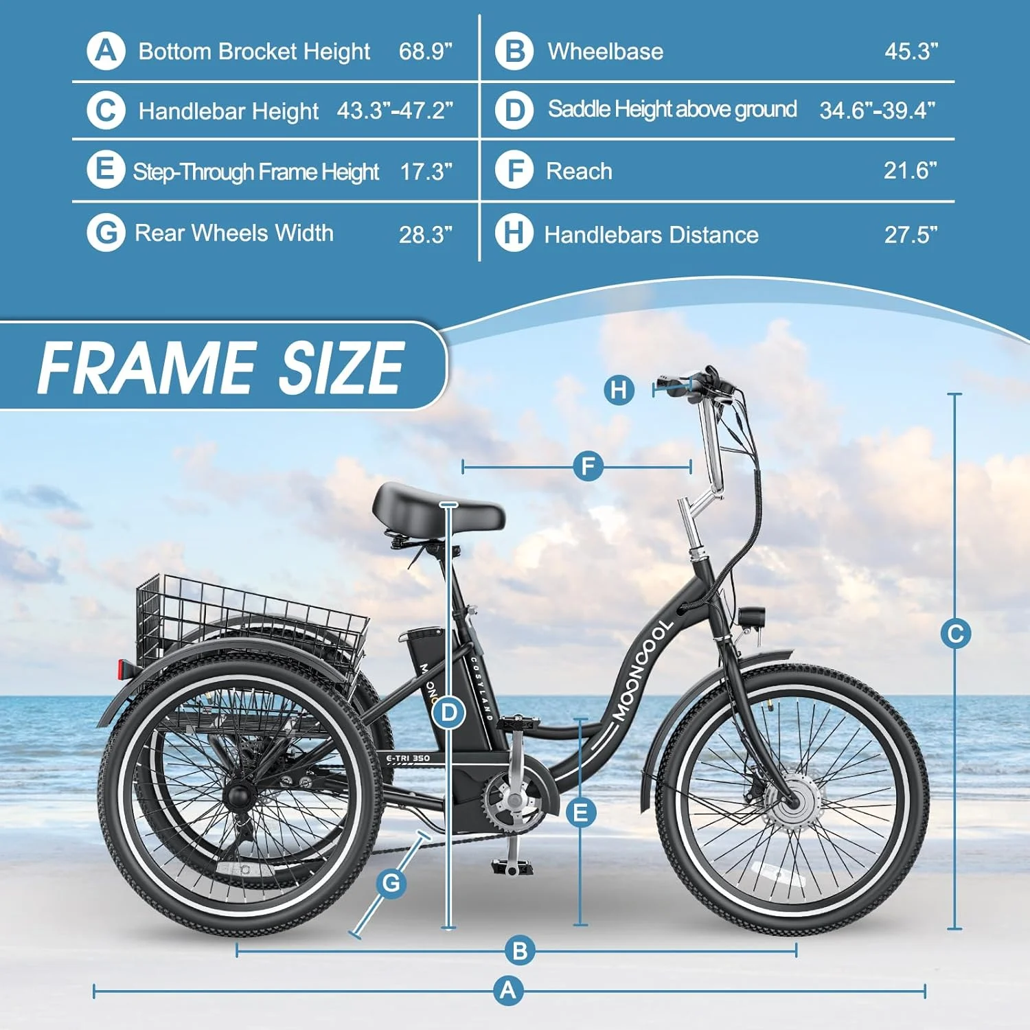 MOONCOOL 350W Motorized Electric Trike, 7 Speed 3 Wheel Electric Bicycle with 36V 14.5Ah Lithium Battery UL Certified