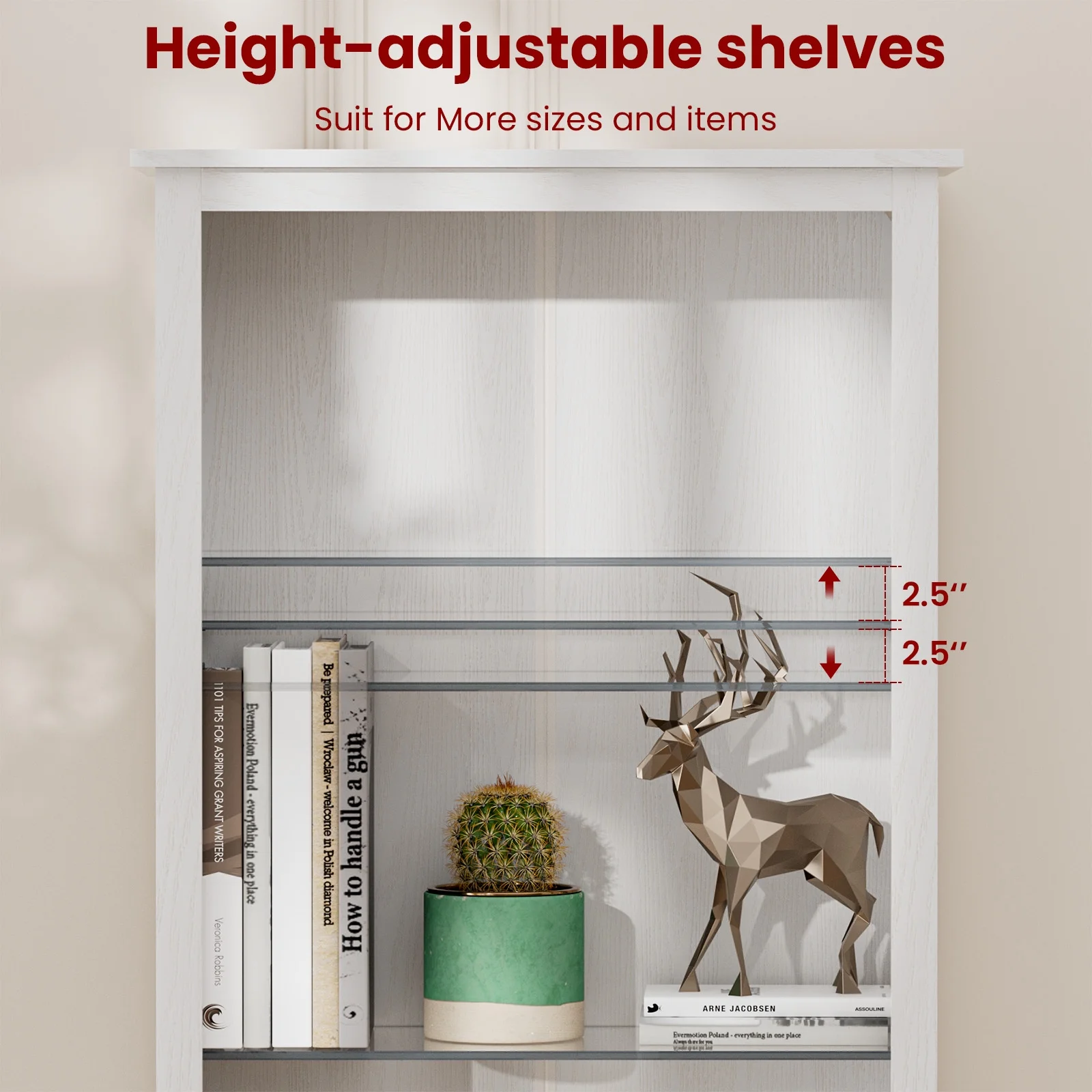 LGHM Bookshelf with LED Light Strip, 70" Tall Sturdy Wood 5-Shelf Bookcase with Adjustable Tempered Glass Shelves, Doors for Home Office, Living Room