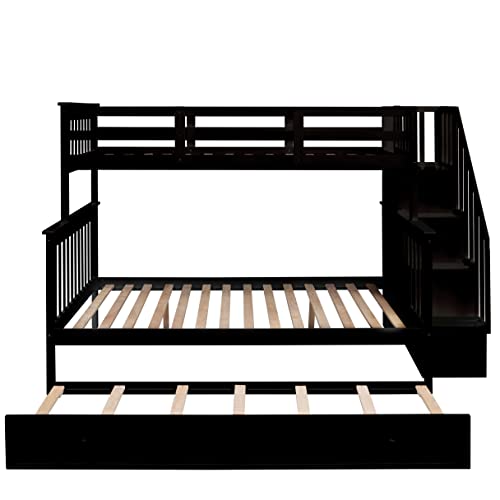 Harper & Bright Designs Twin Over Full Bunk Bed, Wood Twin Over Full Bunk Bed Frame with Trundle and Storage Shelves