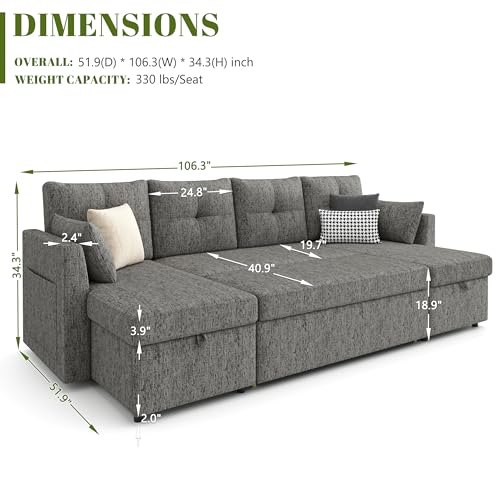 Oversized Sleeper Sofa Couch, 110 inch 2 in 1 Pullout Couch Bed with Double Storage Chaise