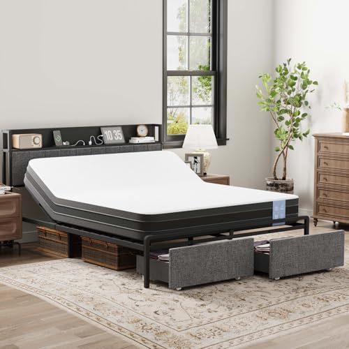 FLEXISPOT Queen Adjustable Bed + 12-inch Cooling Gel Memory Foam Mattress, Storage Headboard, Charging Station, Head Incline, LED Lighting
