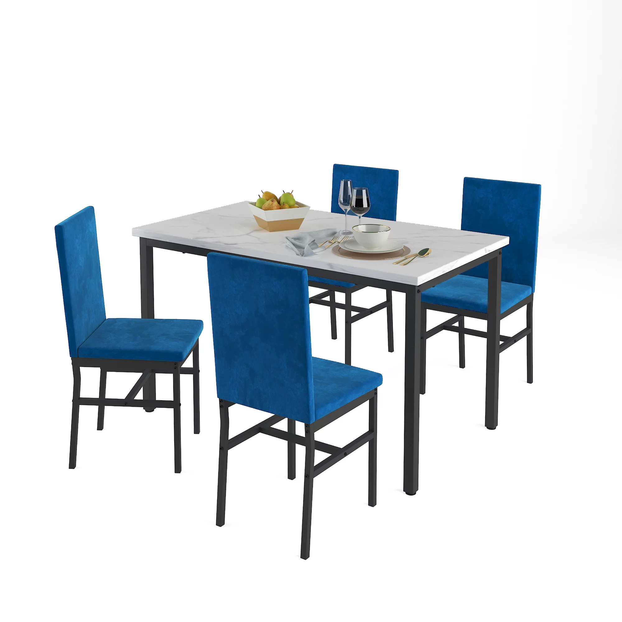Modern Dining Set for 4, 5-Piece Dining Table and Chairs Set, 1 Table with White Marble Top, 4 Blue Velvet Chairs for Kitchen Dining Room Living Room